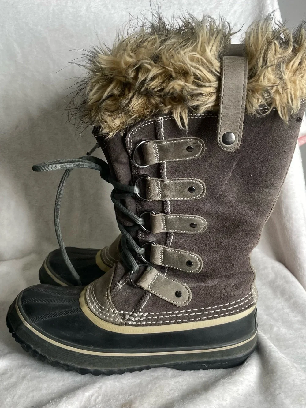 SOREL Joan Of Arctic Women's Boots 7 Gray Suede Waterproof Snow Faux Fur FLAWS